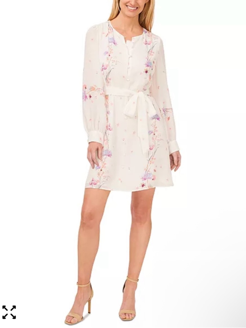 CeCe White Floral Tie-Waist Long Sleeve Dress